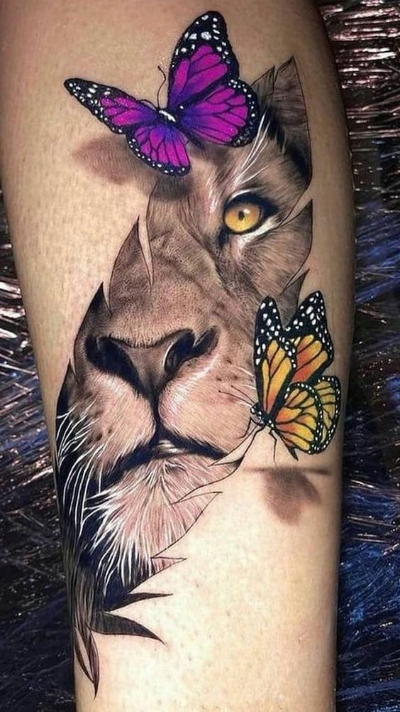 tatuagem leao com borboletas